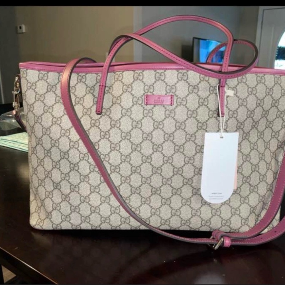 RARE Authentic Gucci Beige and Pink GG Canvas Tote